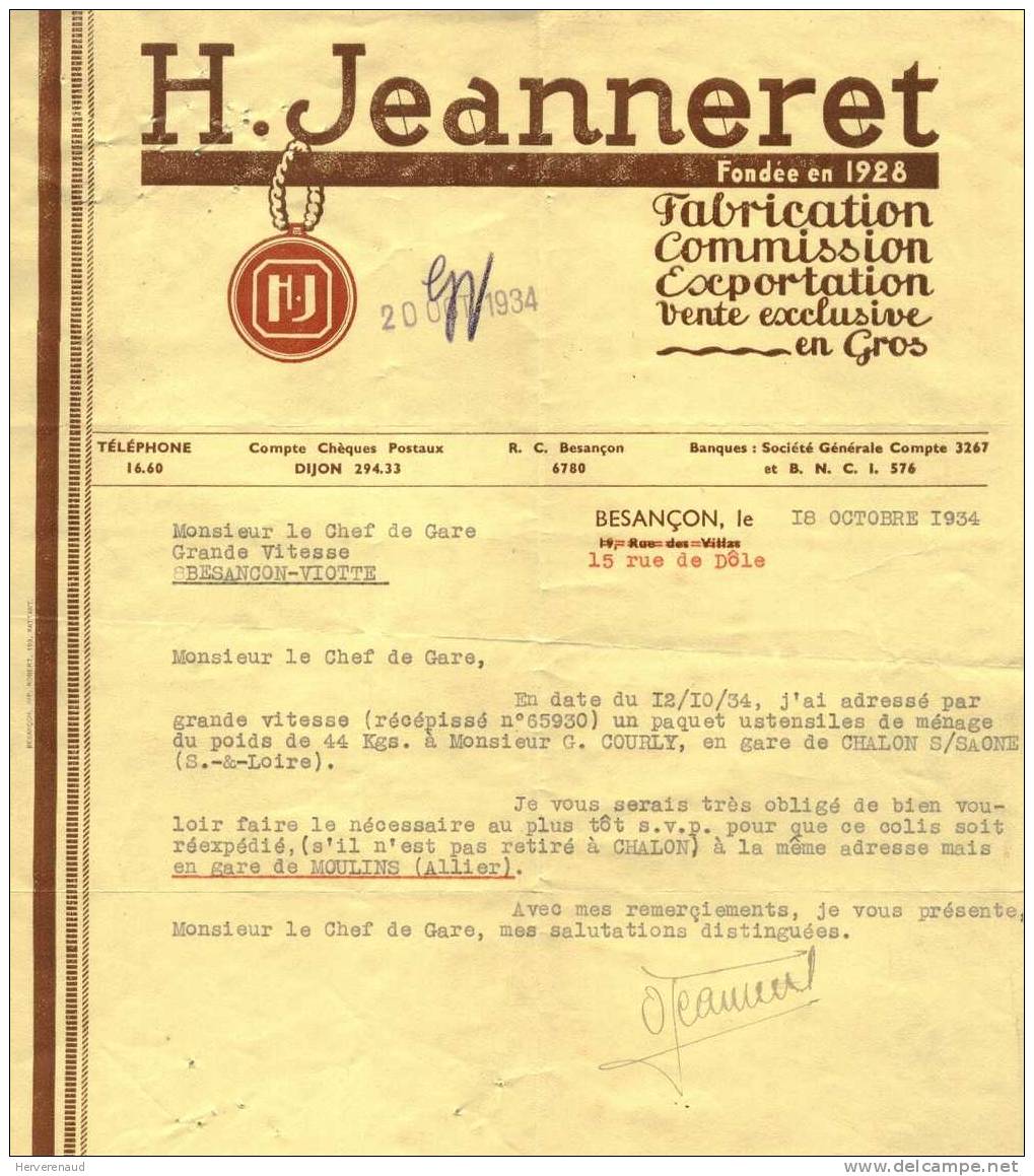 Paix N°283 Sur Lettre Des Ets Jeanneret à Besançon ,  Pour Chalon-sur-Saône - 1932-39 Vrede