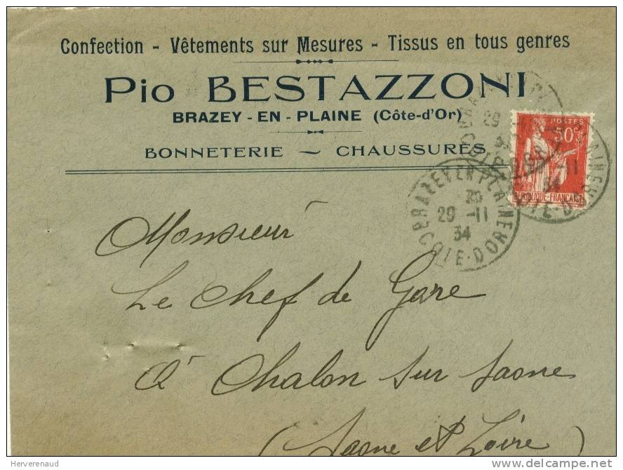 Paix N°283 Sur Lettre Des Ets  Bestazzoni  à Brazey-en-Plaine (Côte D'Or),  Pour Chalon-sur-Saône - Lettres & Documents