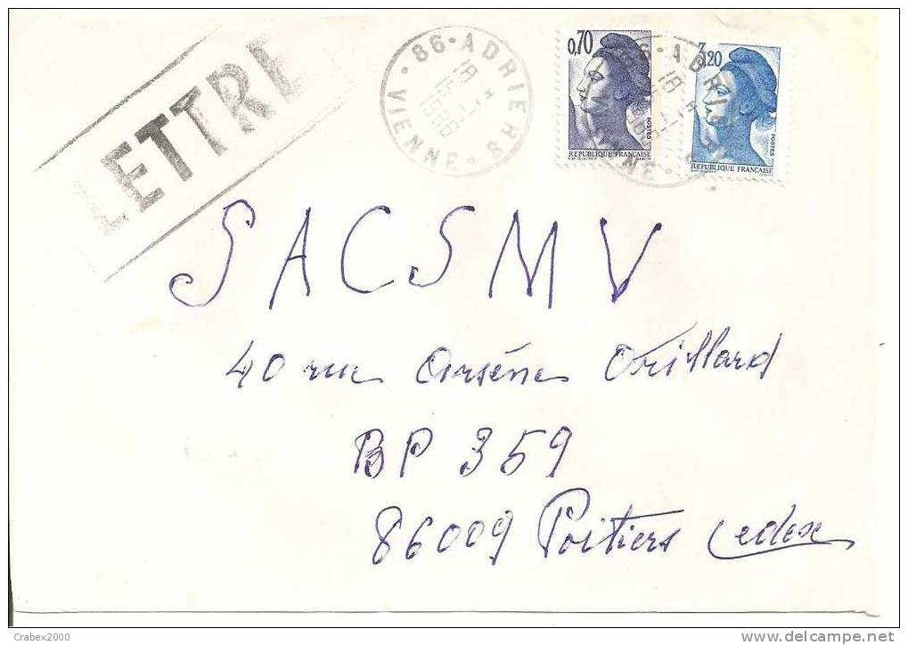 N° Y&t   2377+2240 LETTRE   ADRIERS Vers  POITIERS  Le  15 JANVIER 1986 - Storia Postale