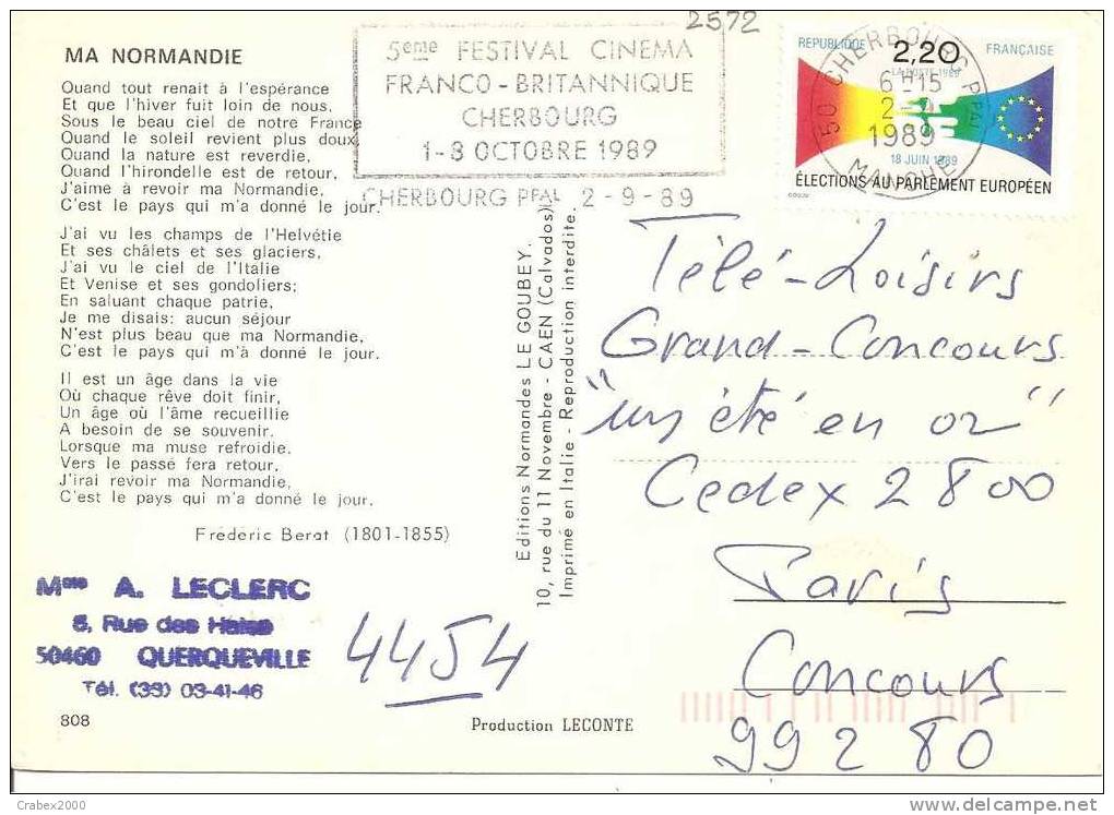 N° Y&t   2572   5eme FESTIVAL DU CINEMA CHERBOURG Vers  PARIS  Le  02 SEPTEMBRE 1989 - Briefe U. Dokumente