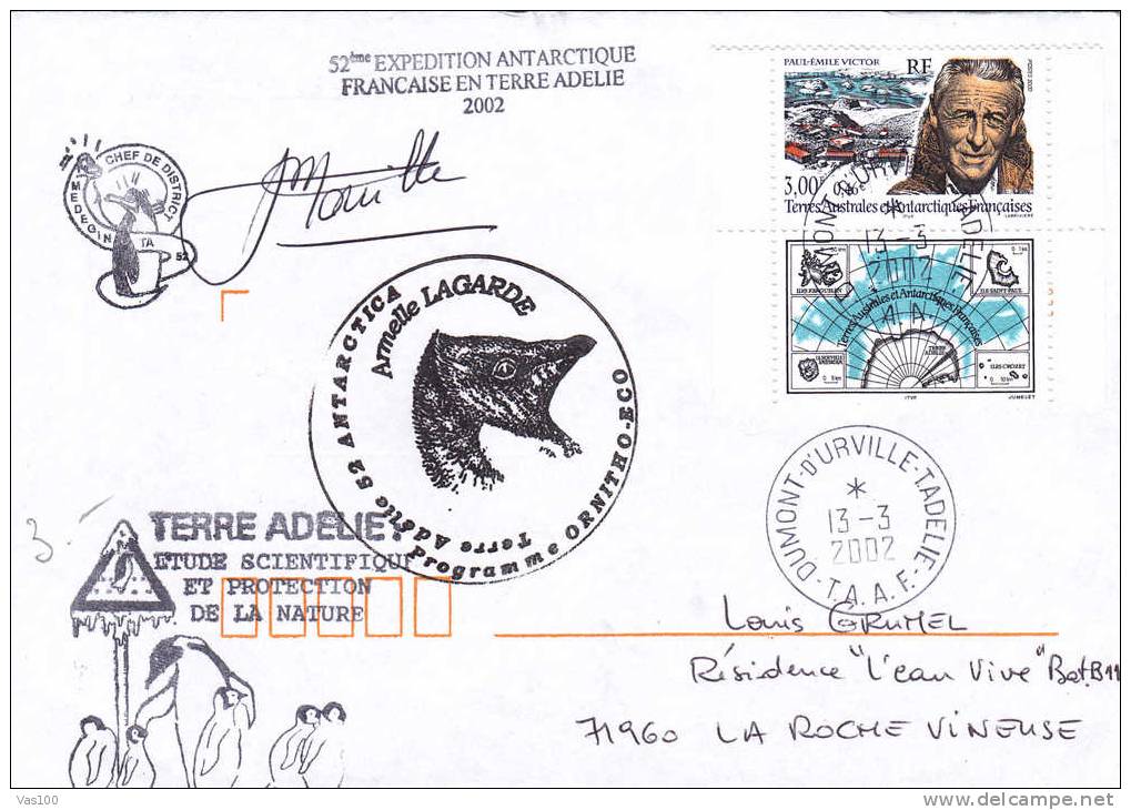 T A A F ,Pingouins & Manchots,oblitearation Concordante,Expedition Antartique Franqaise En Terre Adeline, Cover 2002 . - Pinguine