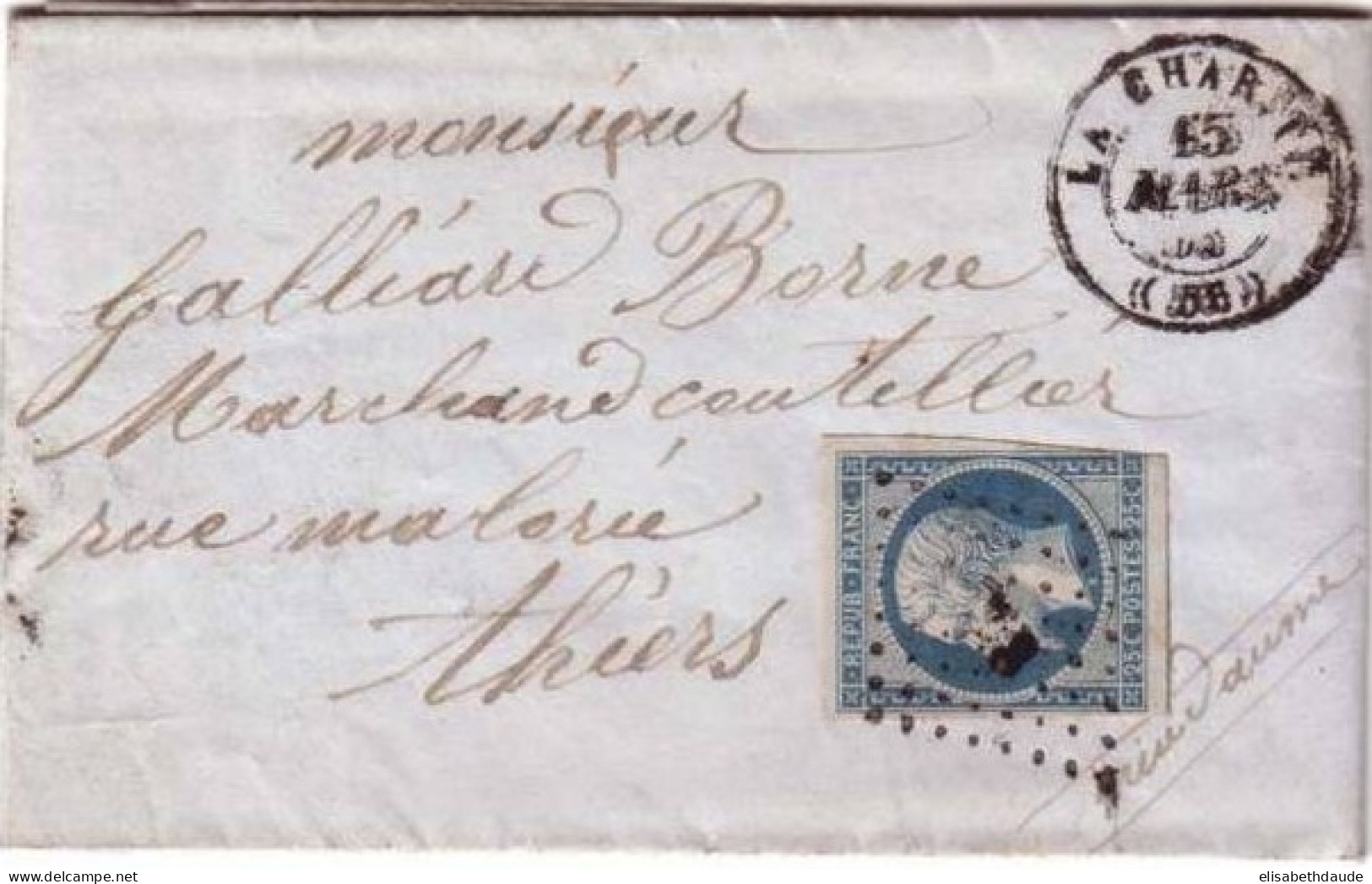 Yvert N°10 - 25c  REPUBLIQUE Sur LETTRE - Timbre B - 1853 - LA CHARITE (58) Pour THIERS (63) - 1852 Luis-Napoléon