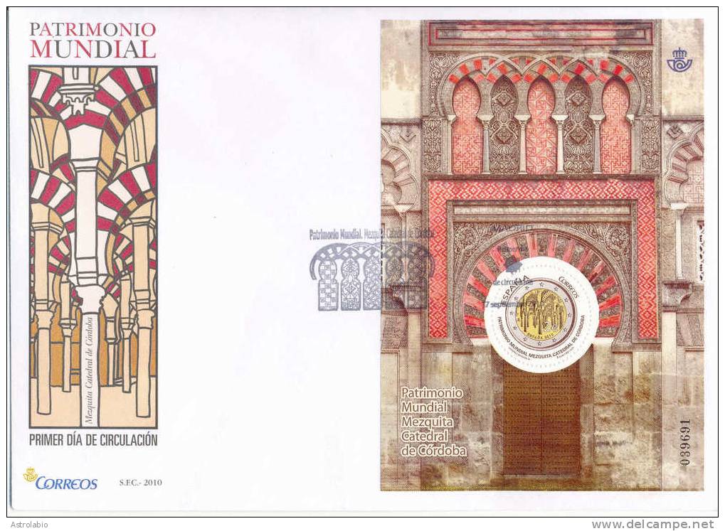 Espagne 2010 FDC " La Mosquée De Cordoue Et Monnaie De L´euro " Bloc Nouveaute - Moskeeën En Synagogen