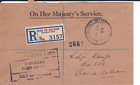 KUT  1954  Registered Unstamped  O.H.M.S. Envelope  From Dar Es Salaam - Kenya, Uganda & Tanganyika