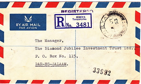 KUT  1953   Registered Air Mail Letter  From Mbeya (Tanganyika) To Dar Es Salaam - Kenya, Oeganda & Tanganyika