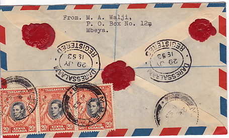 KUT  1953   Registered Air Mail Letter  From Mbeya (Tanganyika) To Dar Es Salaam - Kenya, Uganda & Tanganyika