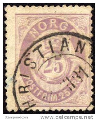 Norway #28 Used 25o Lilac Post Horn From 1877 - Used Stamps
