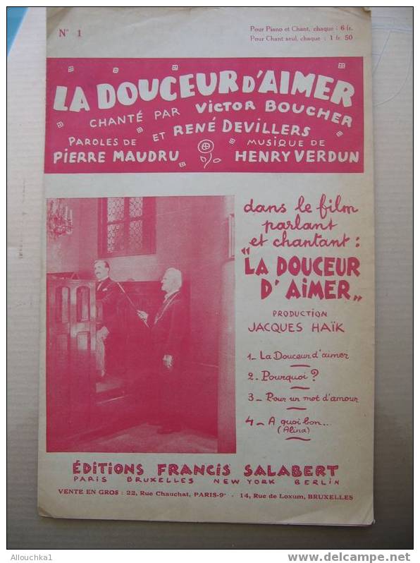 PARTITION DE VICTOR BOUCHER  LA DOUCEUR D'AIMER  FRANCIS  SALABERT - Componisten Van Musicalkomedies