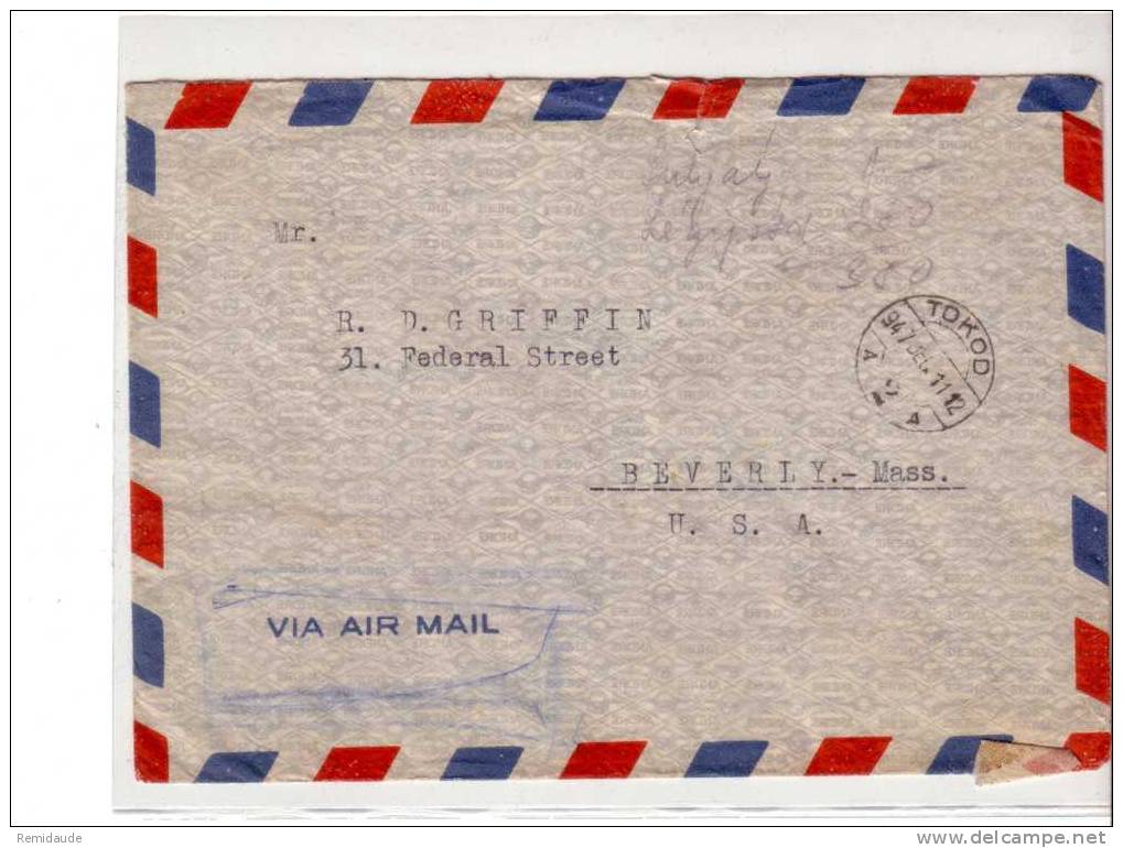 HONGRIE - LETTRE Par AVION De TOKOD Pour BEVERLY MASS (USA) - 1947 - - Briefe U. Dokumente