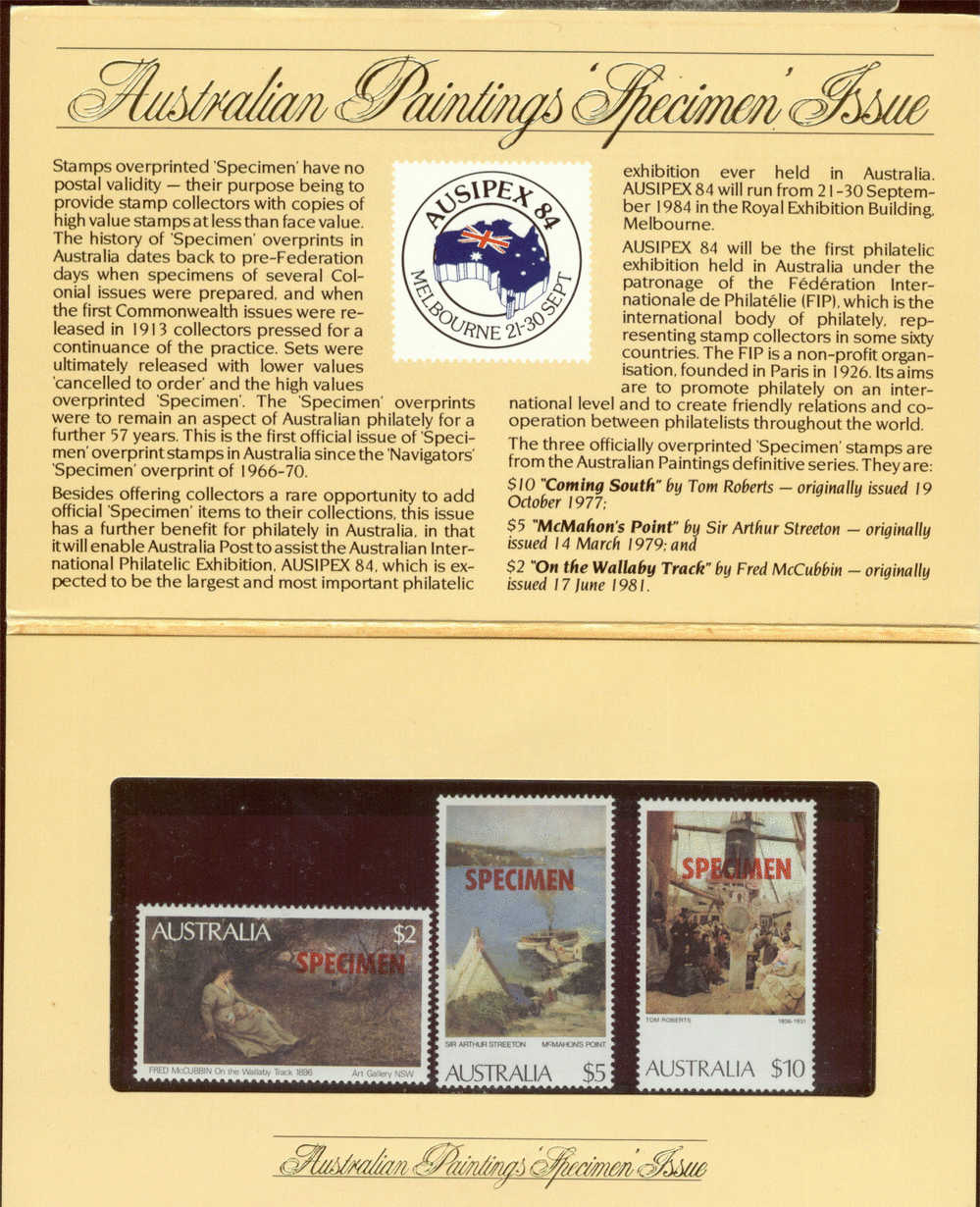 Australien Paintings Ausipex 1984 MNH Specimen  $ 10.-1977 Mi.nr. 640 + $ 5.- 1979 Mi.nr. 672 + $ 2.- Mi.nr. 753 1981 - Neufs