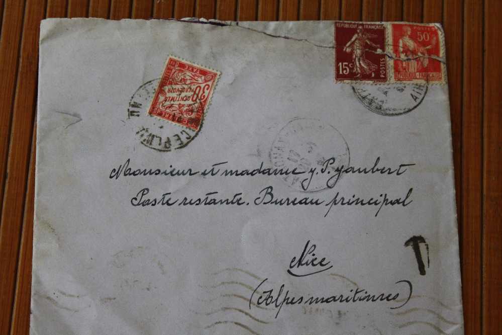 LETTRE  Taxée Oblitération Manuel 1937 SATHONAY AIN  TIMBRE TAXE + TIMBRES Touchés  P/ NICE 06 POSTE RESTANTE - 1859-1959 Cartas & Documentos