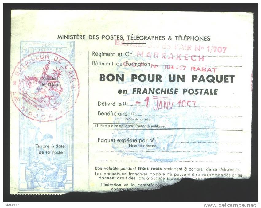T De Franchise  Militaire  Pour Colis.MARRAKECH Bataillon De L'AIR.1 Janvier 1957. N O 14   0b - Military Postage Stamps