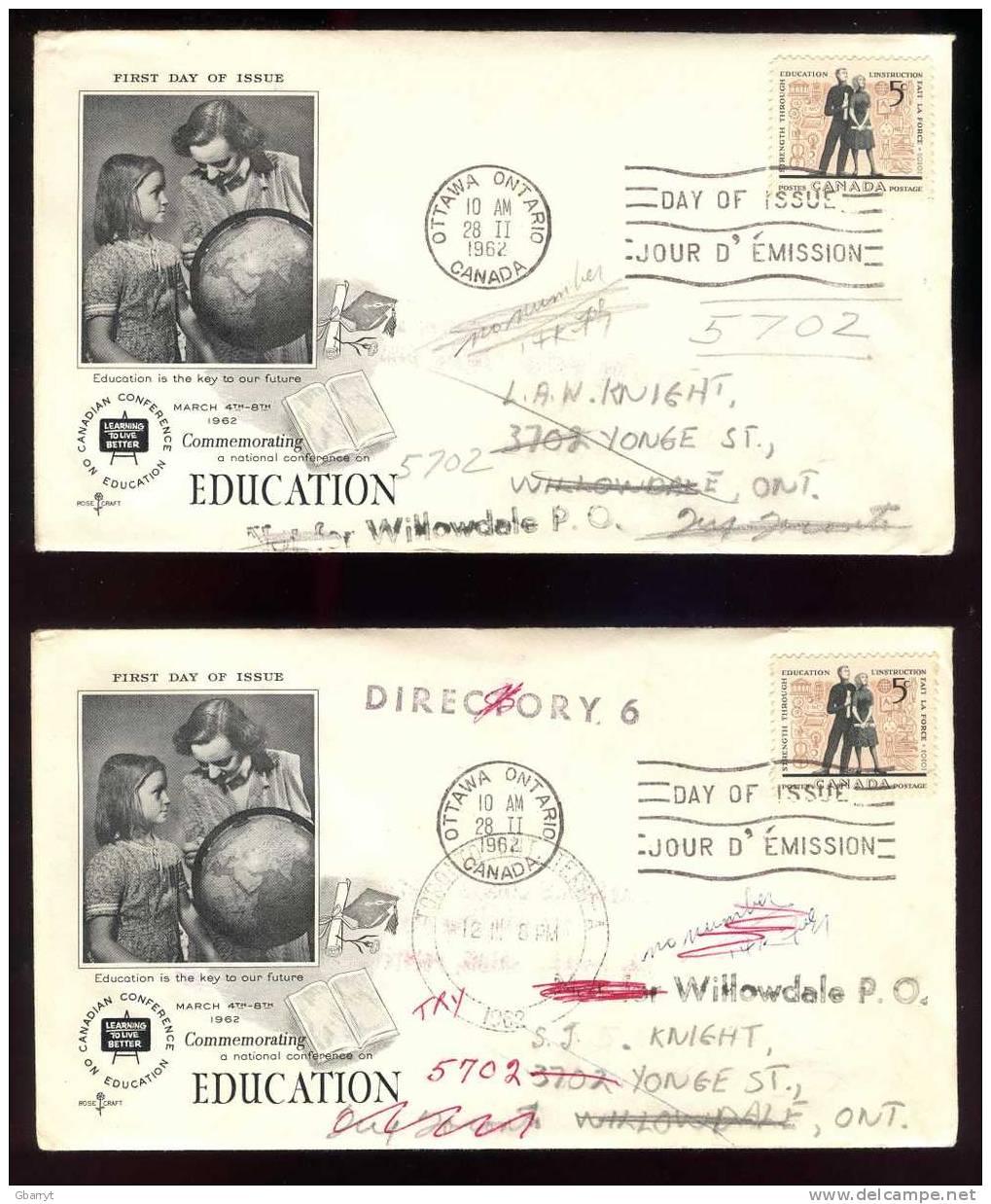 Canada Scott # 396 Education. Two Misaddressed FDC With Multiple Rerouting And Directory 6 Hand Stamp On One - 1961-1970