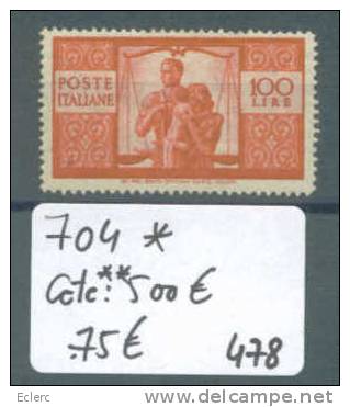 ITALIE   No Michel 704 * ( Avec Charnière )       Cote:** 500 € - Mint/hinged