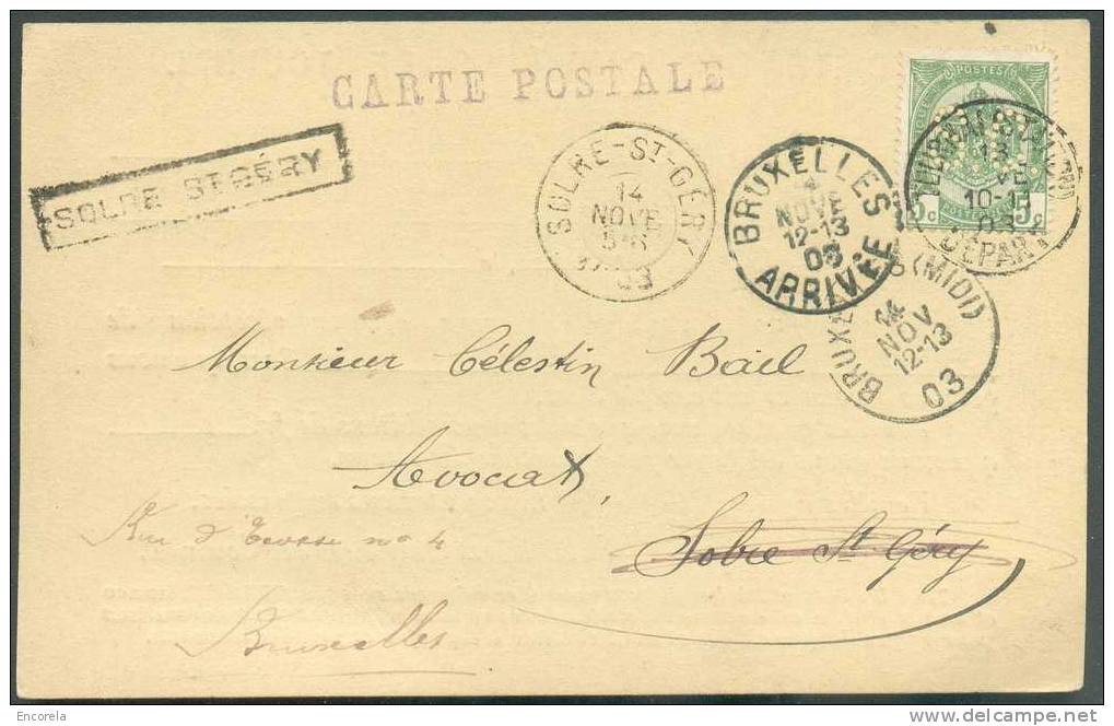 N°56 - 5 Cent. Vert, Perforé SC (Société Des Carrières De Tournai) Obl. Sc TOURNAI  (STATION) S/C.V. Du 13 Nov. 1903 Ver - Griffes Linéaires