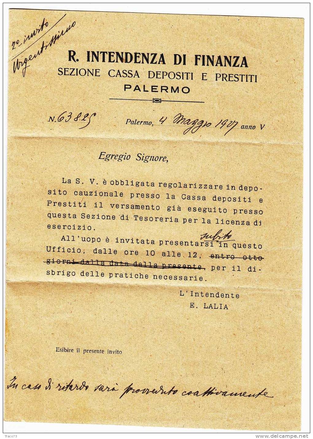 Franchigia / Palermo -Città  - Regia Intendenza Di Finanza (Sconosciuto Al Portalettere) - 04.05.1927 - Franchise