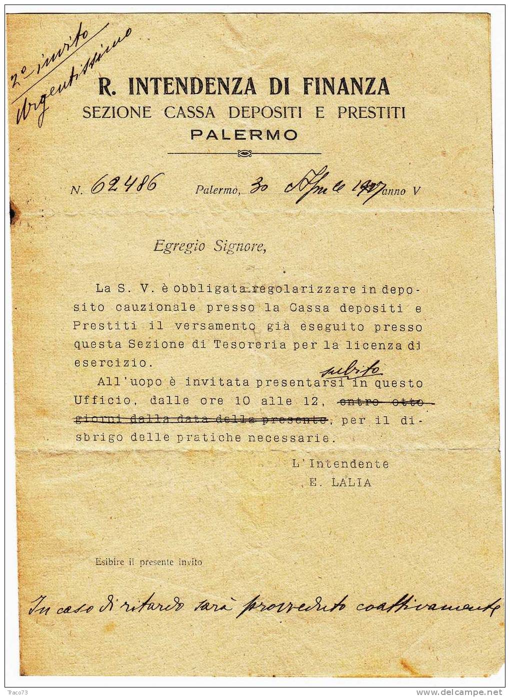 Franchigia / Palermo -Città  - Regia Intendenza Di Finanza  - 30.04.1927 - Franchise