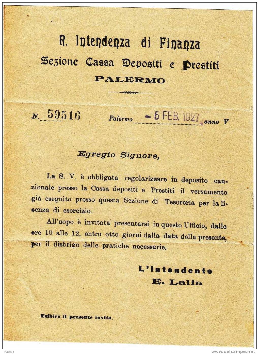 Franchigia / Palermo -Città  - Regia Intendenza Di Finanza  - 05.02.1927 - Franchise