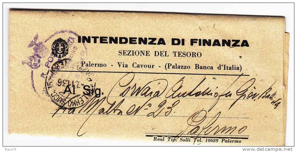 Franchigia / Palermo -Città  - Intendenza Di Finanza  - 07.11.1936 - Zonder Portkosten