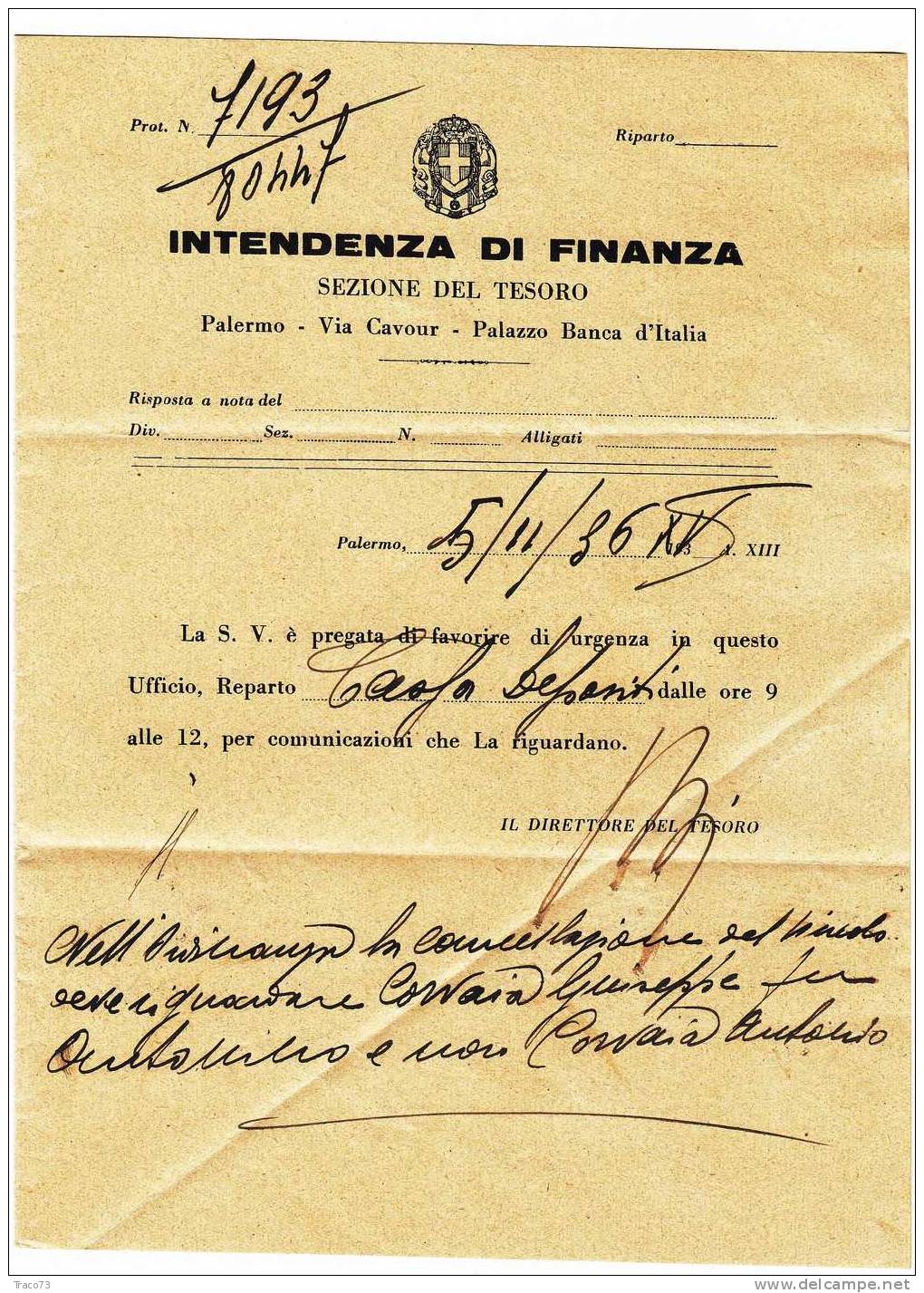 Franchigia / Palermo -Città  - Intendenza Di Finanza  - 07.11.1936 - Franchise