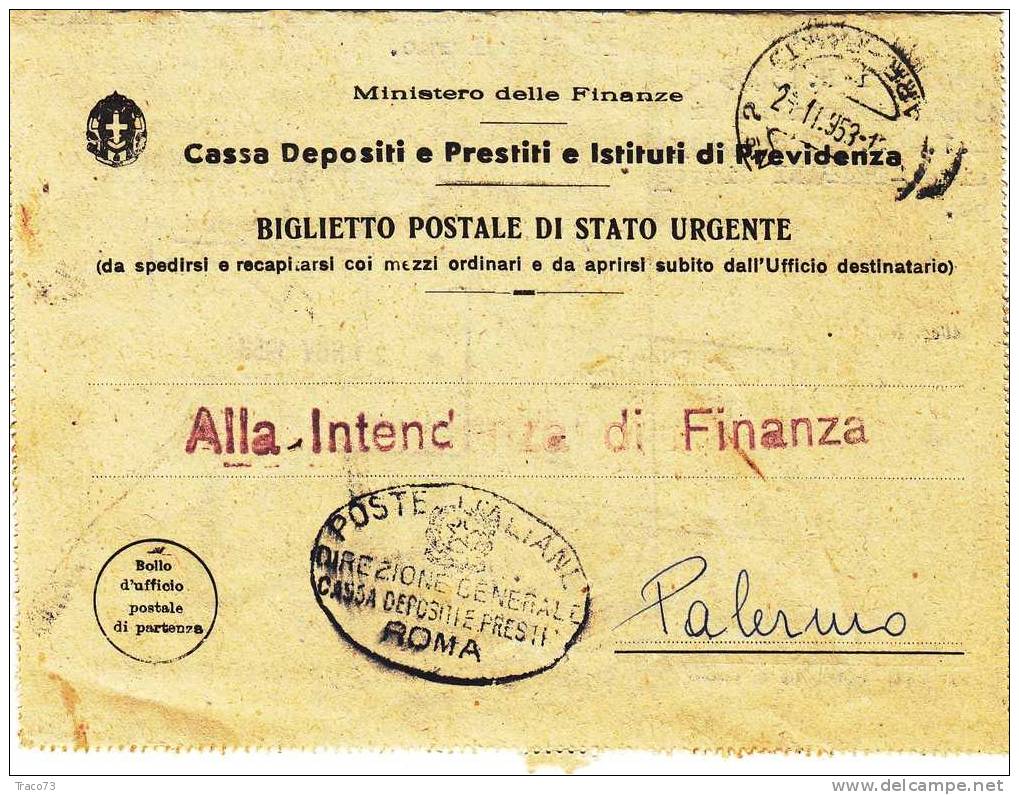 Franchigia / Roma - Palermo - Biglietto Postale Di Stato Fascista (Minist. Delle Fin.) - 24.11.1953 - Franchise