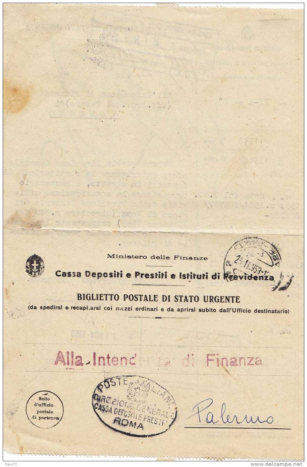 Franchigia / Roma - Palermo - Biglietto Postale Di Stato Fascista (Minist. Delle Fin.) - 24.11.1953 - Franchise