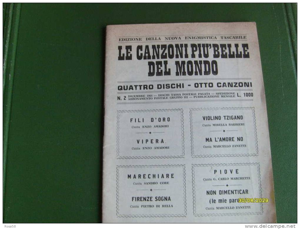 Music Songs CANZONI MUSICA Pubbl.1964 Canzoni Più Belle Mondo 4 Dischi 8 Canzoni Ediz.Nuova Enigmistica Tascabile L.1000 - Musique