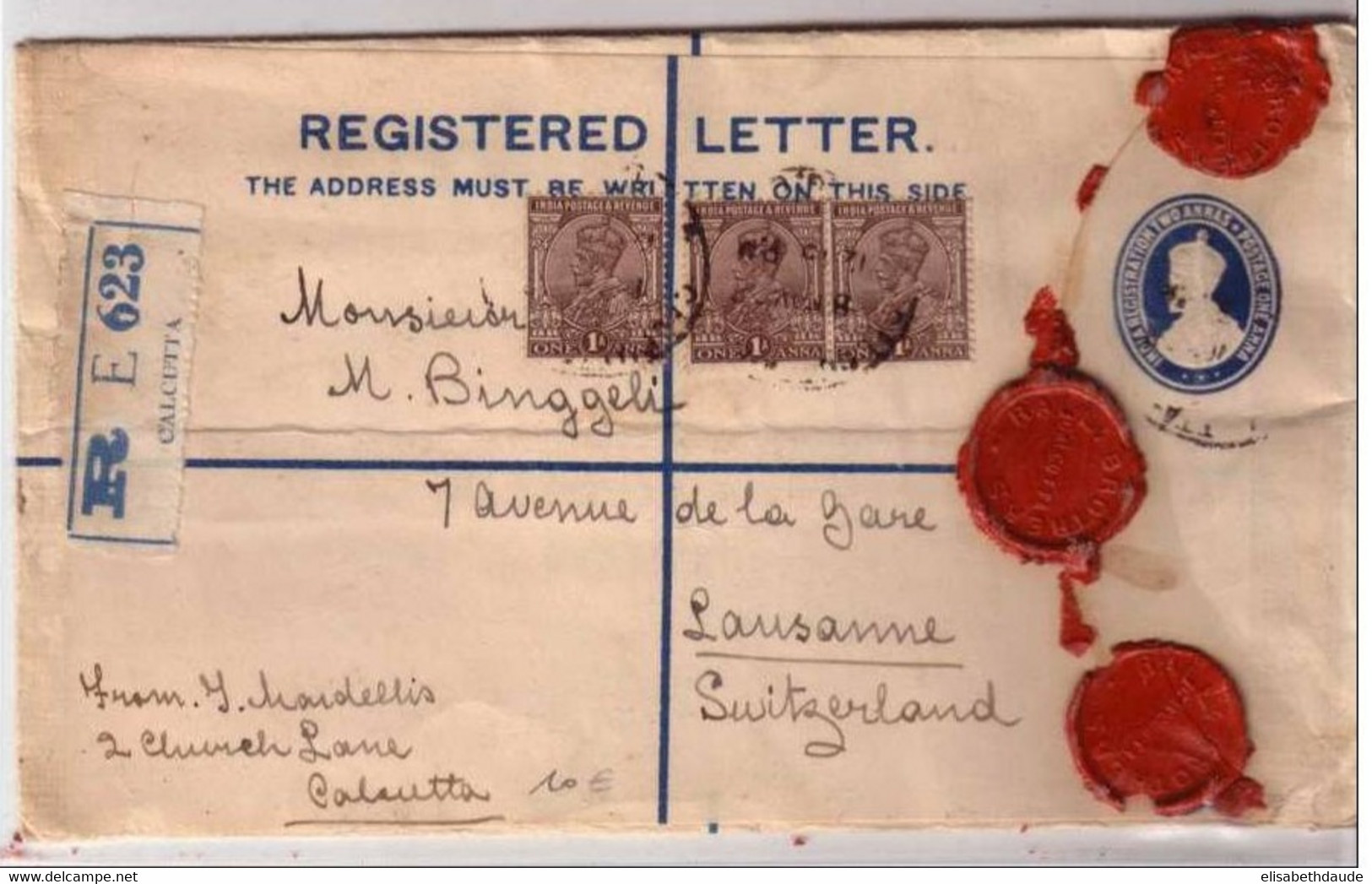 INDE ANGLAISE - ENVELOPPE ENTIER POSTAL RECOMMANDEE De CALCUTTA Pour La SUISSE (LAUSANNE) 1928 - 1911-35 King George V