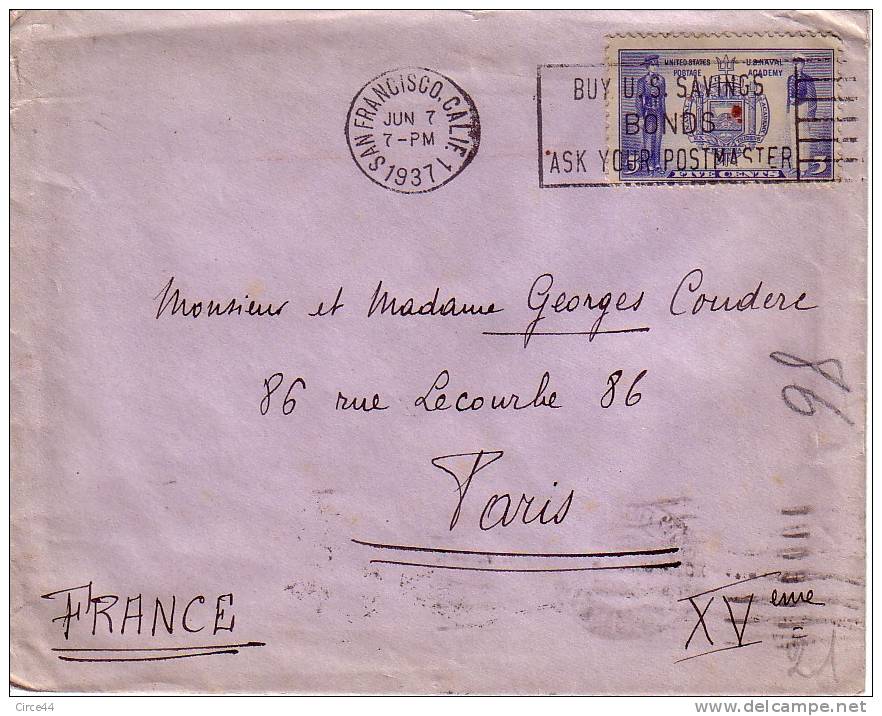 ENVELOPPE.CACHET SAN FRANCISCO.PARIS AU DOS.1937. - Poststempel