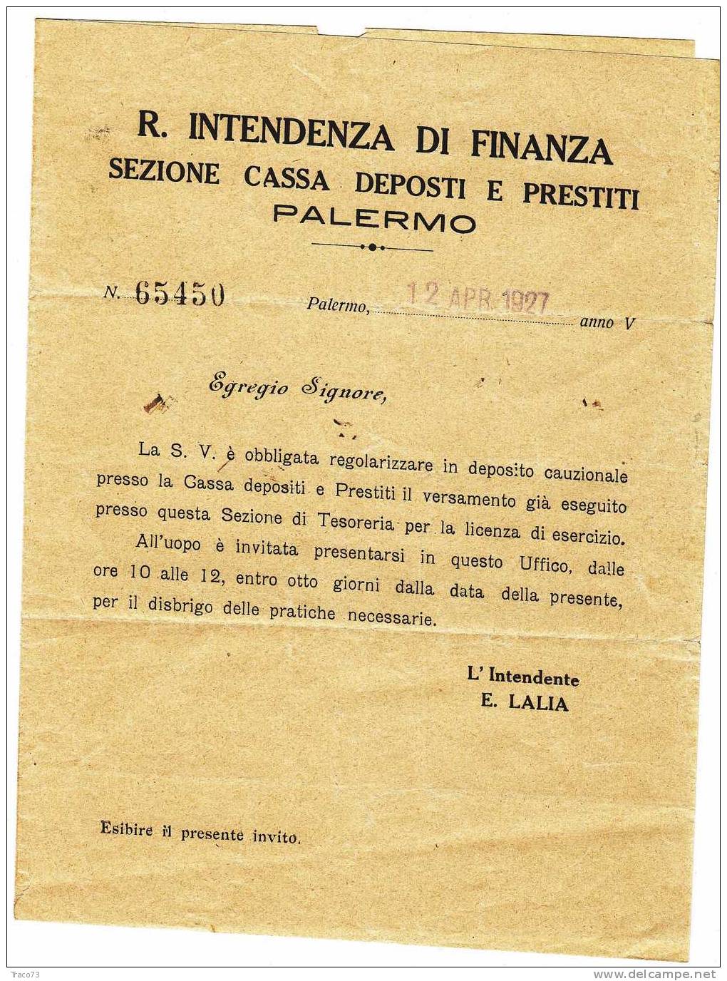 Franchigia / Palermo - Marineo  - Intendenza Di Finanza  -  12.04.1927 - Franchise