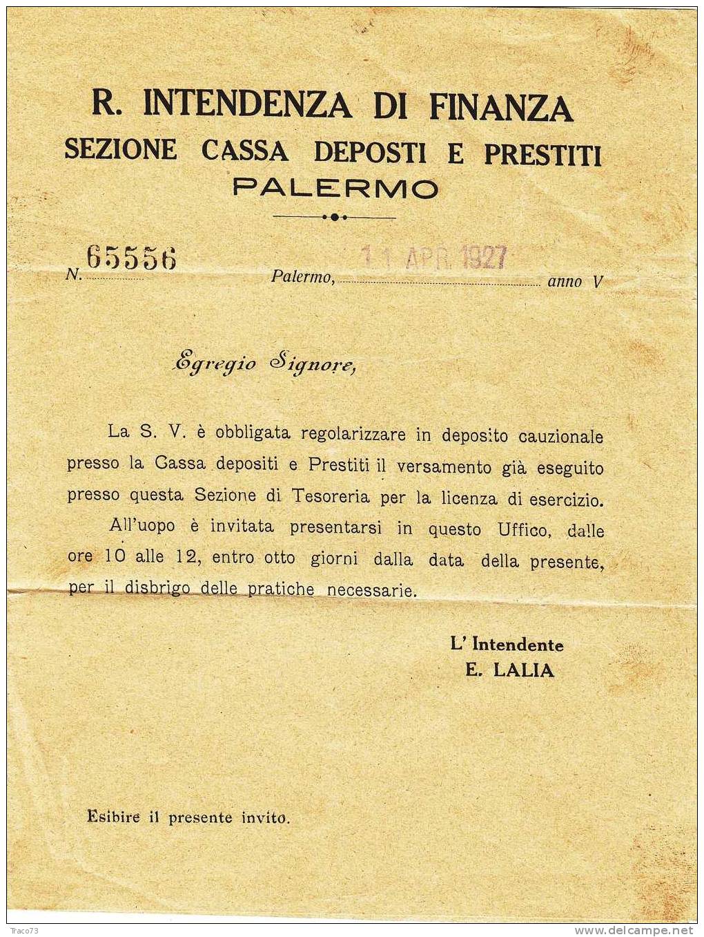 Franchigia / Palermo - Boccadifalco  - Intendenza Di Finanza  -  11.04.1927 - Franchise