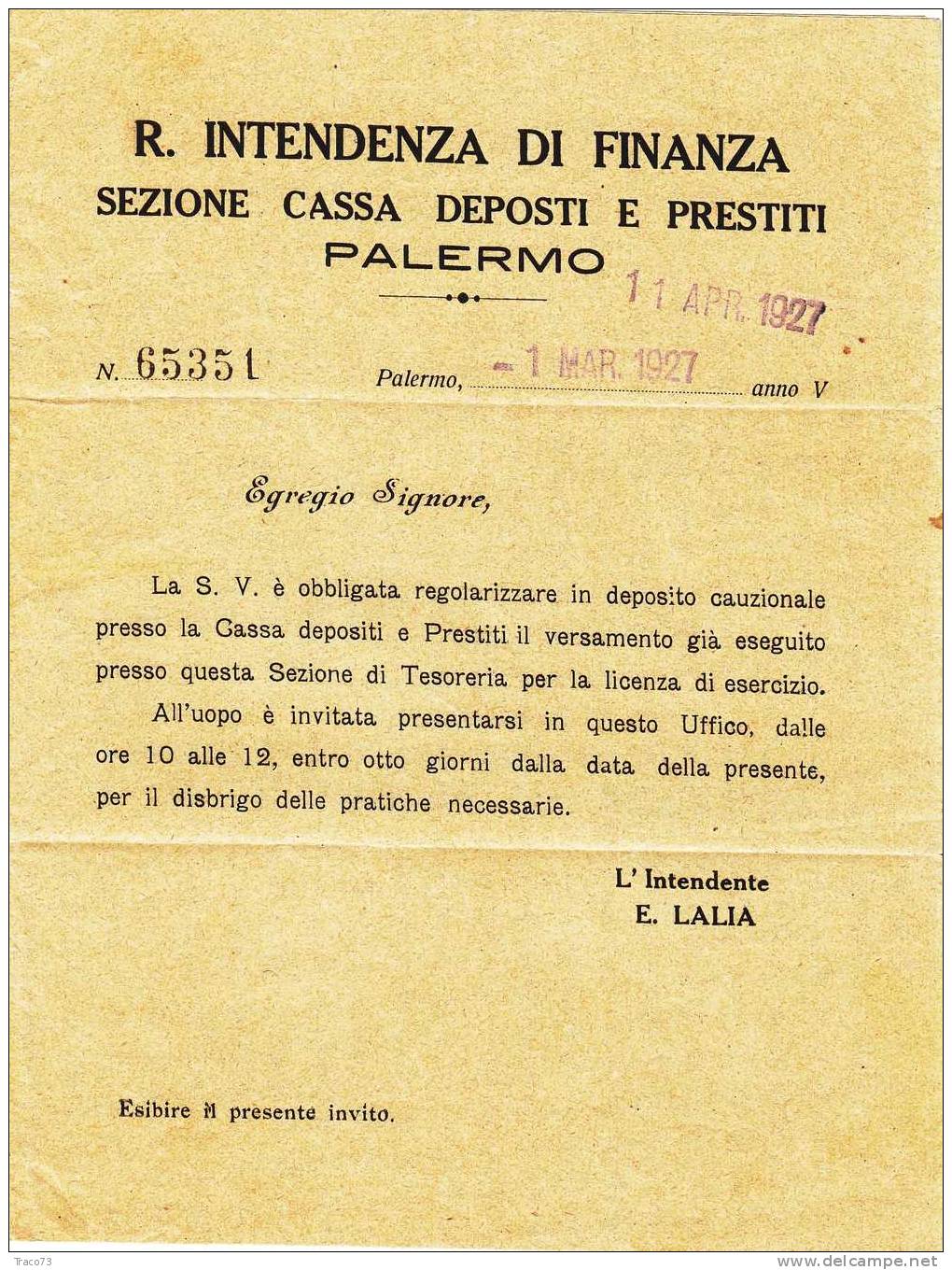 Franchigia / Palermo - Terrasini  - Intendenza Di Finanza  -  11.04.1927 - Franchise