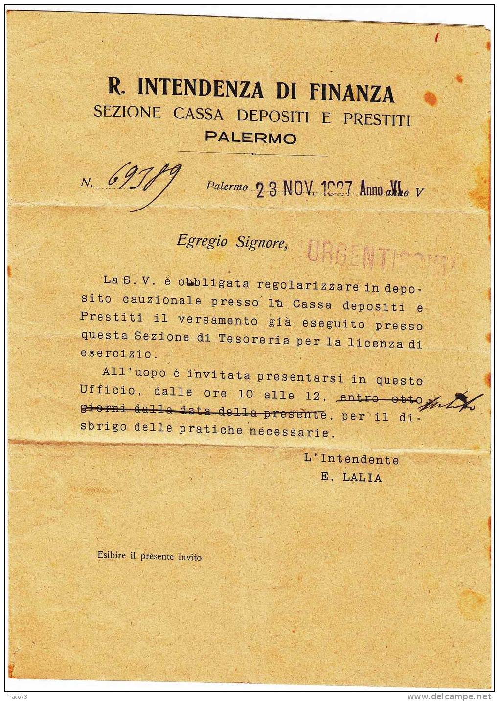 Franchigia / Palermo - Monreale  - Intendenza Di Finanza  -  24.11.1927 - Franchise