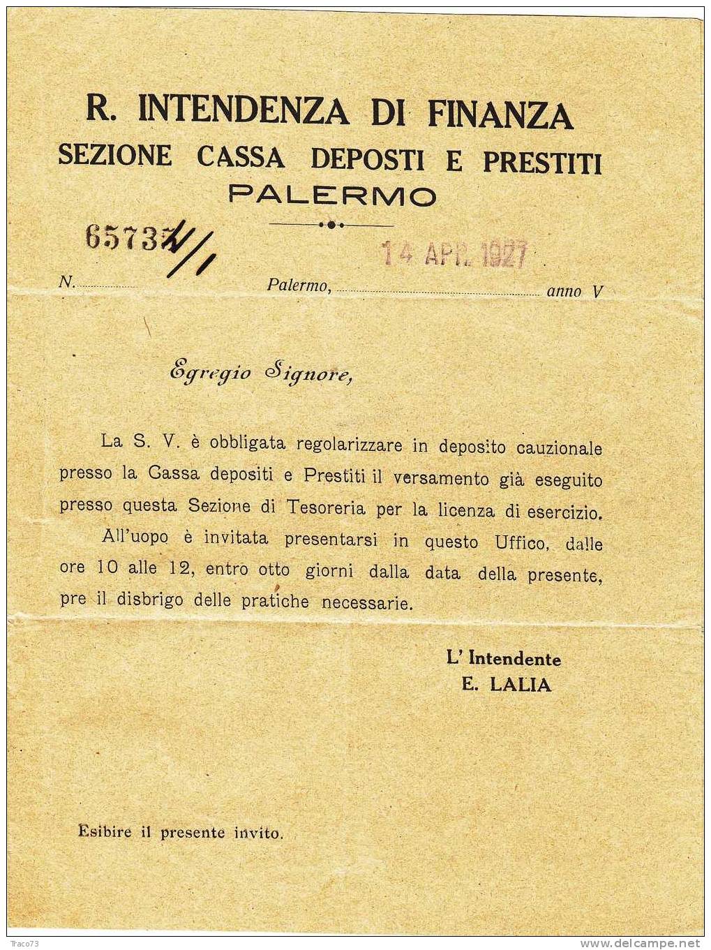 Franchigia / Palermo - Petralia Sottana  - Intendenza Di Finanza  -  14.04.1927 - Franchise