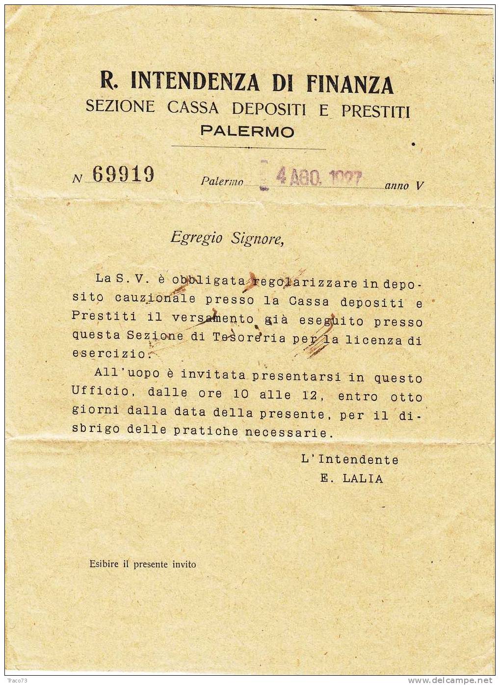 Franchigia / Palermo - Termini Imerese  - Intendenza Di Finanza  -  05.08.1927 - Franchise