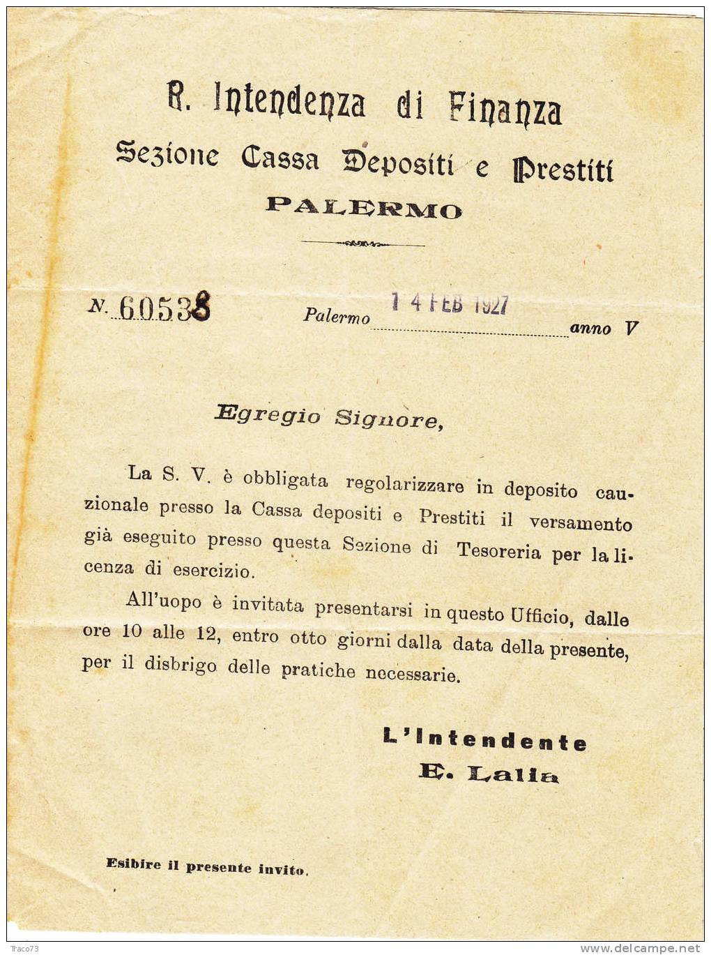 Franchigia / Palermo - Cefalù  - Intendenza Di Finanza  -  17.02.1927 - Franchise