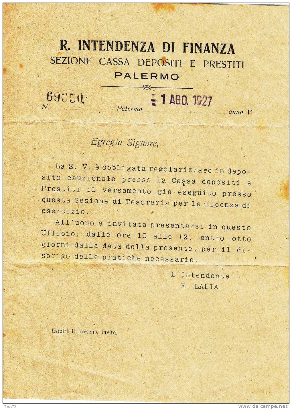 Franchigia / Palermo - Pioppo - Intendenza Di Finanza  -  03.08.1927 - Franchise