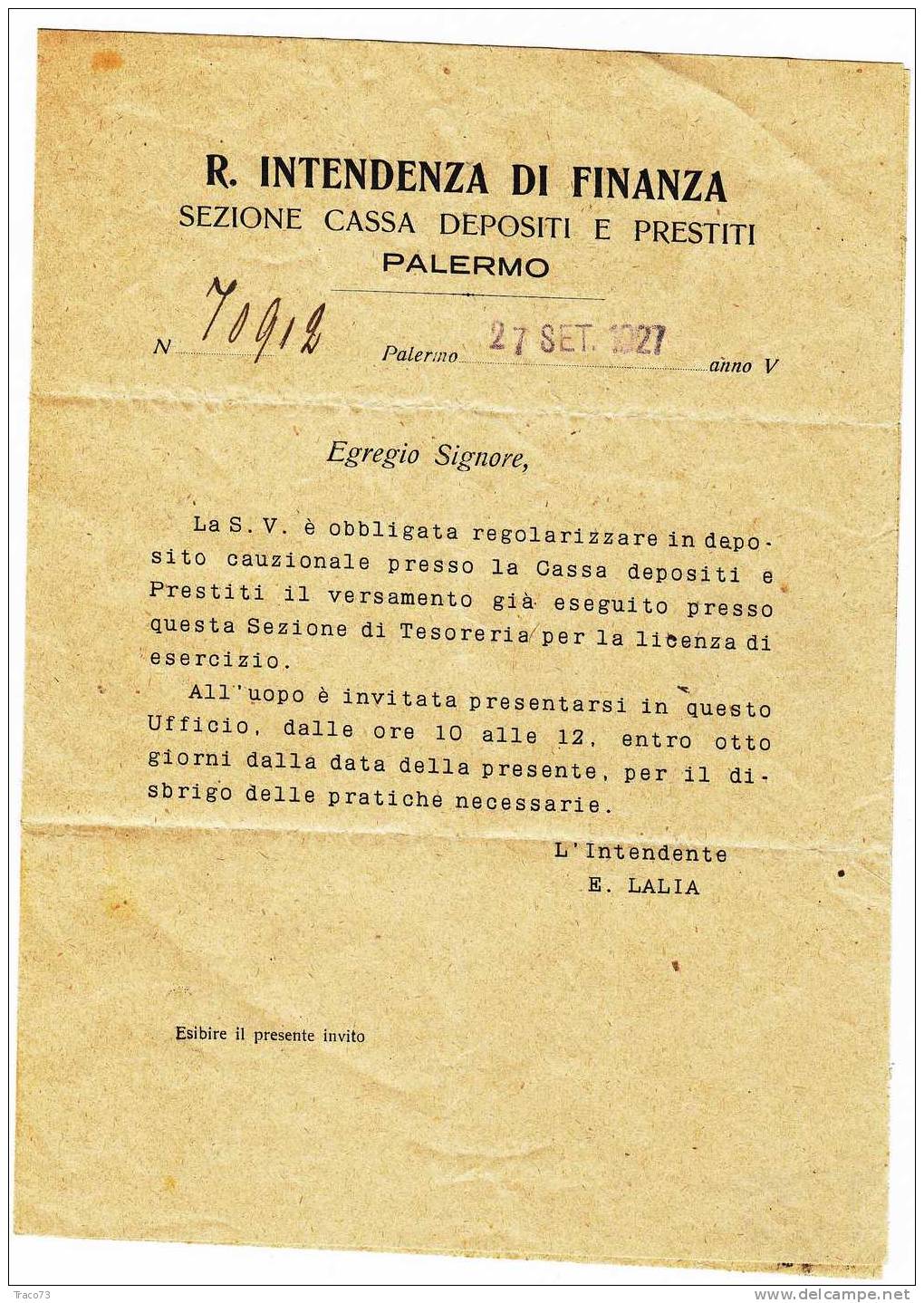 Franchigia / Palermo - (Balestrate /Trappeto) - Intendenza Di Finanza  -  30.09.1927 - Zonder Portkosten