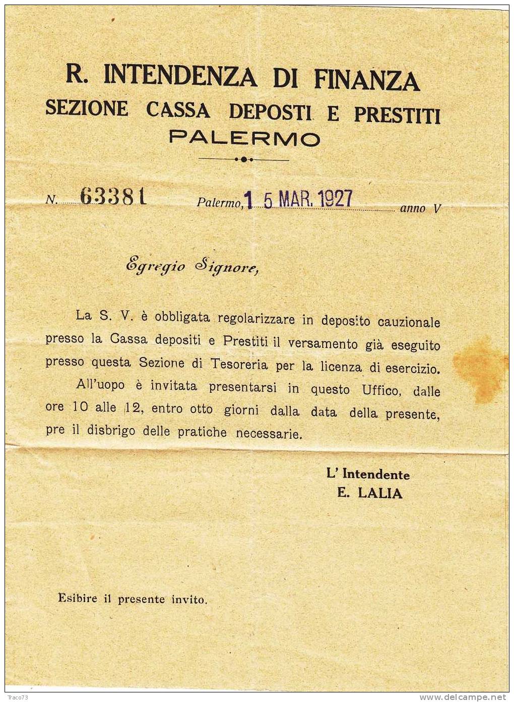 Franchigia / Palermo - Resuttana Colli - Intendenza Di Finanza  -  16.03.1927 - Franchise