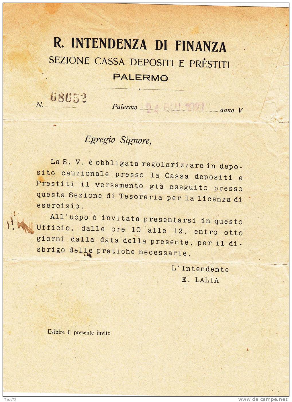 Franchigia / Palermo - Polizzi - Intendenza Di Finanza  -  25.07.1927 - Franchise