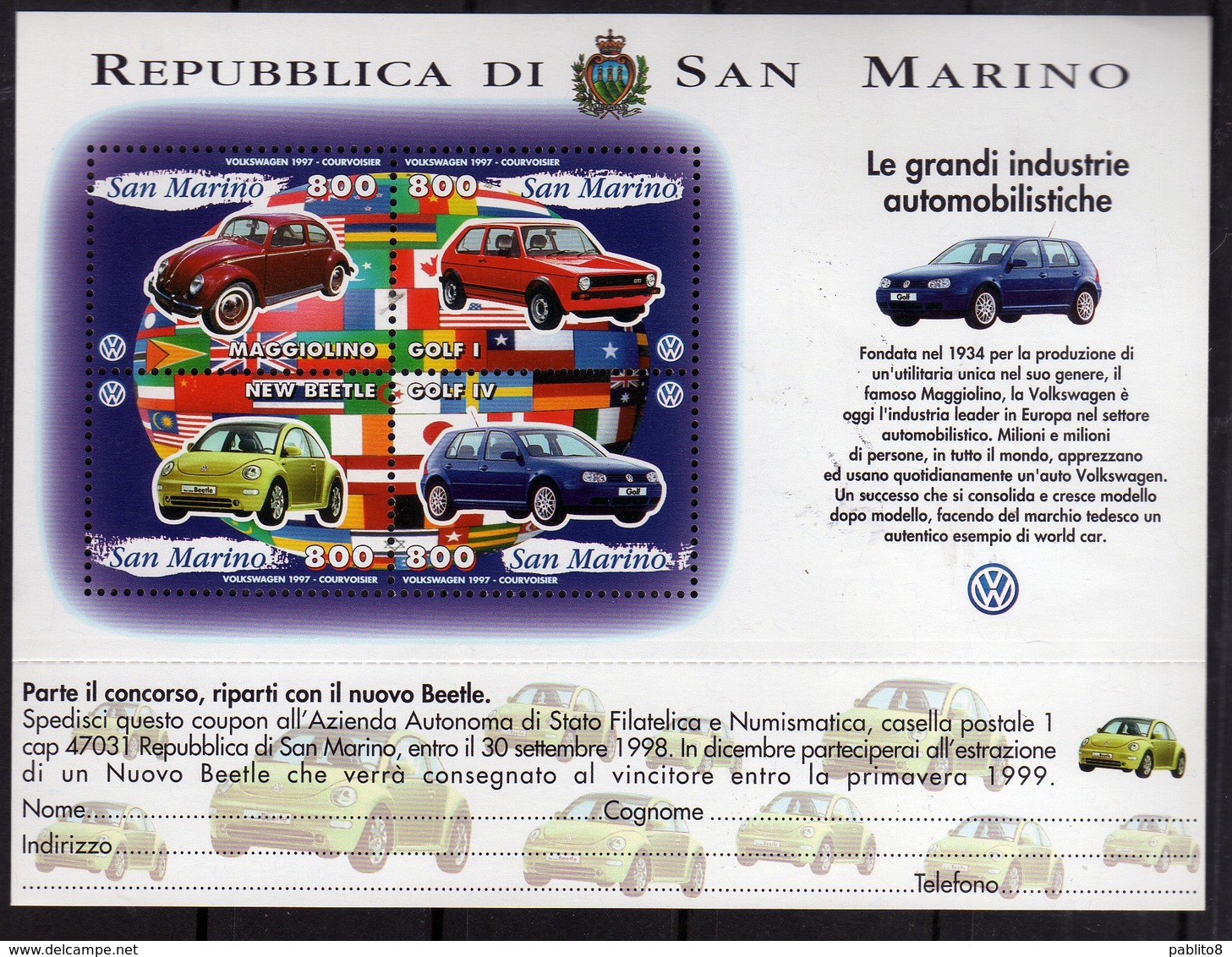 REPUBBLICA DI SAN MARINO 1997 LE GRANDI INDUSTRIE AUTOMOBILISTICHE VOLKSWAGEN BLOCCO FOGLIETTO BLOCK SHEET BLOC  MNH - Blocs-feuillets