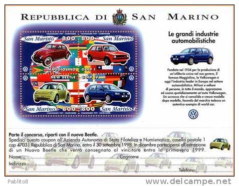 REPUBBLICA DI SAN MARINO 1997 LE GRANDI INDUSTRIE AUTOMOBILISTICHE VOLKSWAGEN BLOCCO FOGLIETTO BLOCK SHEET BLOC MNH - Hojas Bloque