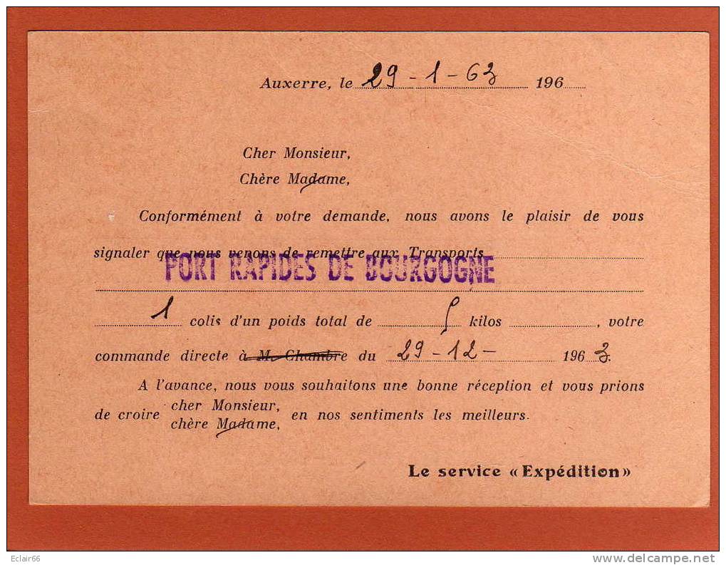 89   AUXERRE Document    (Bon De Transport) Service Expédition    DesTransports( PORT RAPIDE DE BOURGOGNE) - Printing & Stationeries