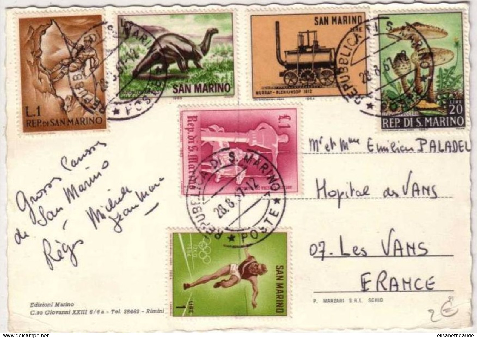 SAINT MARIN - CARTE POSTALE (AFFRANCHISSEMENT PHILATELIQUE) De 1967 Pour LES VANS (ARDECHE) - Covers & Documents