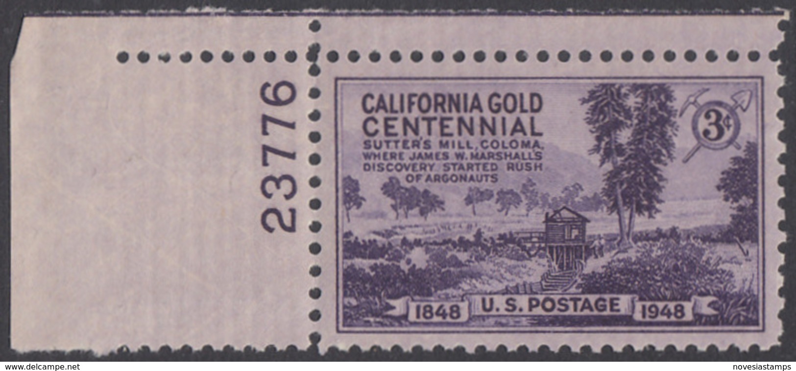 !a! USA Sc# 0954 MNH SINGLE From Upper Left Corner W/ Plate-# 23776 - California Gold Centennial - Unused Stamps