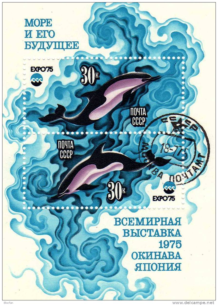 Delphin 4382/3,ZD+Block 106 O 3€ CCCP EXPO 1975 Okinawa Japan Meeres-Welt Sprung Aufwärts Tauchend Fauna Se-tenant Bf SU - 1970 – Osaka (Japón)