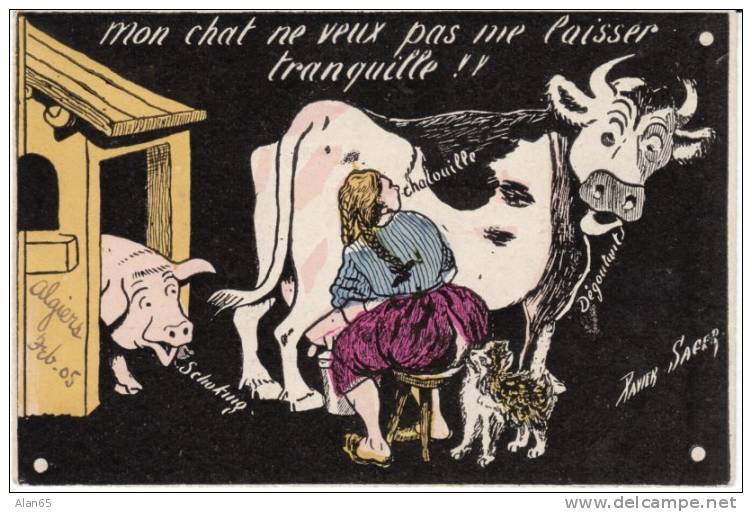 Xavier Sager Artist Signed Postcard, Woman Milks Cow & Complains Of Pussy Cat, Risque Humor - Sager, Xavier