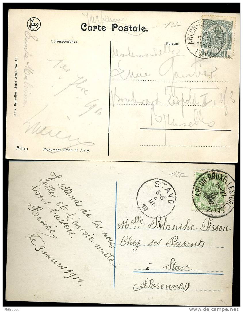 ARLON Bruxelles  Deux Ø Différentes Avant 1912 Sur Cartes Postales - Ambulantes