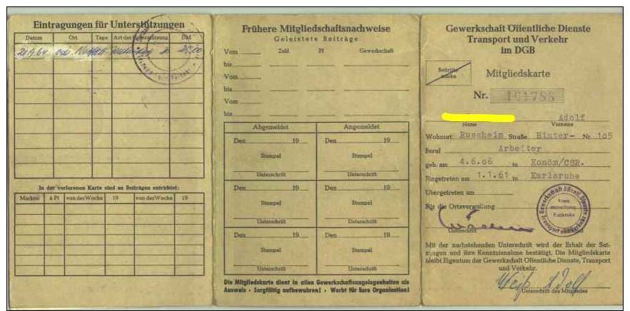 (2001312) Mitglieds-Karte ´Gewerkschaft Oeffentliche Dienste Transport Und Verkehr Im DGB´. 1961 - Historische Dokumente