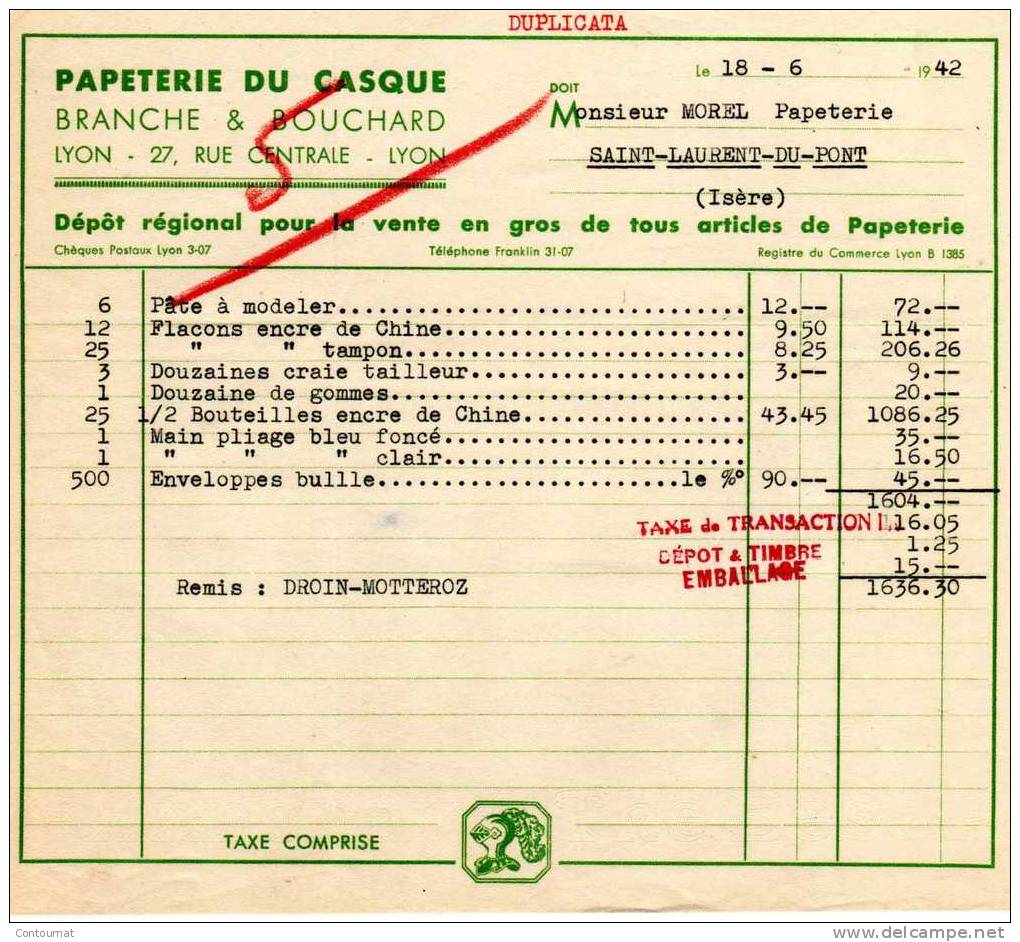 69 FACTURE  PAPETERIE DU CASQUE : Branche & Bouchard  LYON  1942 - Druck & Papierwaren